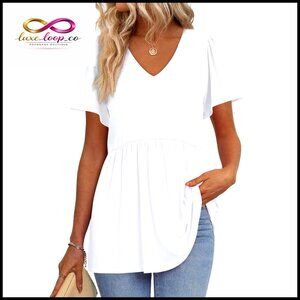 Babydoll Peplum Top Puff Sleeve V-Neck Maternity T-Shirt Loose Fit